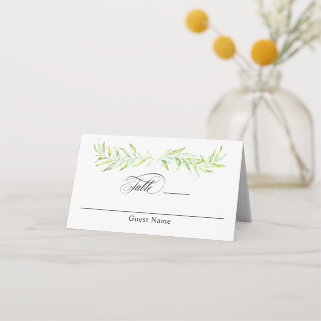 Watercolor Greenery Laurel Wreath Wedding Place Card (Front)