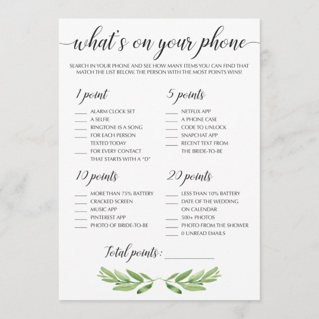 Watercolor Greenery Leaf Bridal Shower Phone Game (Front)