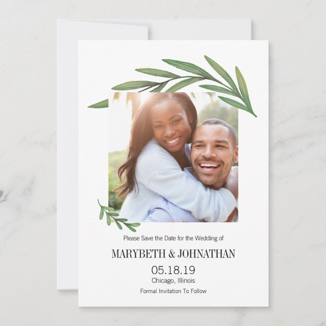 Watercolor Greenery Leaf Save The Date Photo Card (Front)