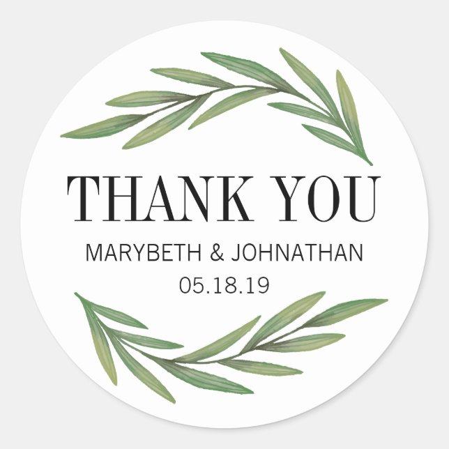 Watercolor Greenery Leaf Wedding Thank You Sticker (Front)
