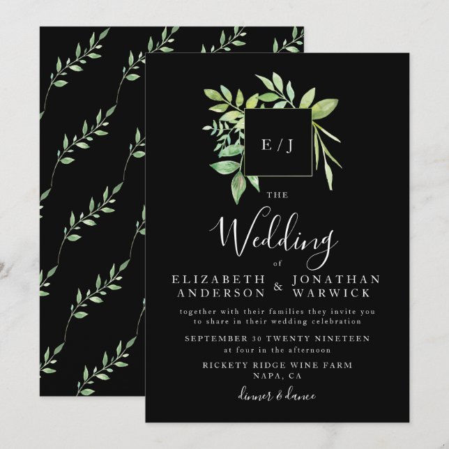 Watercolor Greenery Leaf Wreath Wedding Invitation (Front/Back)
