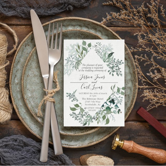 Watercolor Greenery Leaves Geometric Frame Modern Invitation (Creator Uploaded)