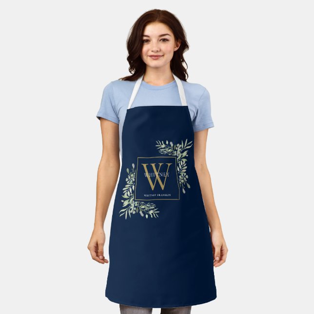 Watercolor Greenery Leaves Navy Blue Gold Monogram Apron (Worn)