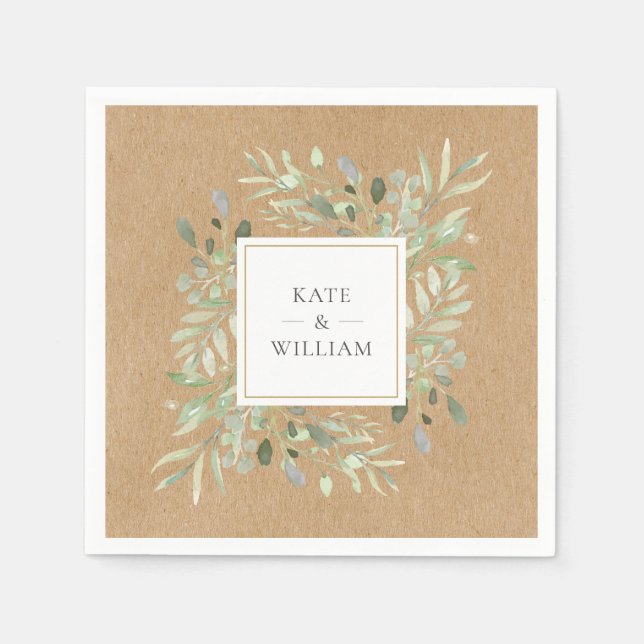 Watercolor Greenery Leaves Rustic Kraft Wedding Napkin (Front)