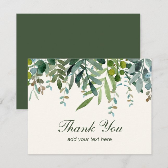 Watercolor Greenery Leaves Thank You  Card (Front/Back)