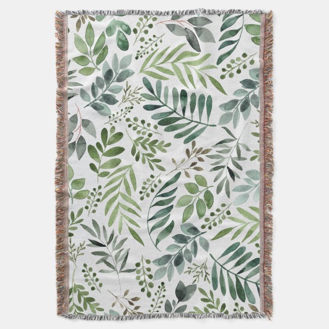 Watercolor greenery leaves  throw blanket (Front Vertical)