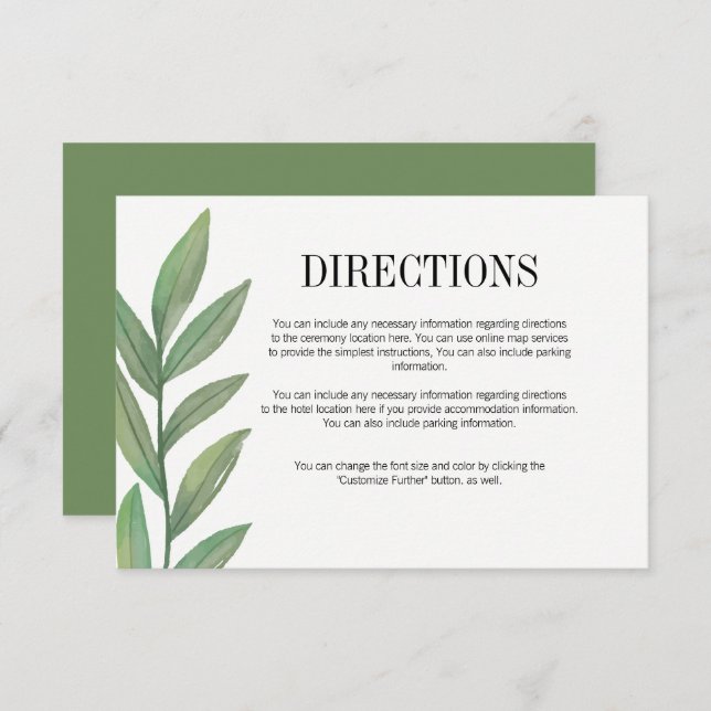 Watercolor Greenery Leaves Wedding Directions Card (Front/Back)