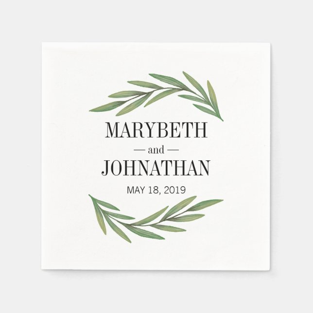 Watercolor Greenery Leaves Wedding Paper Napkins (Front)