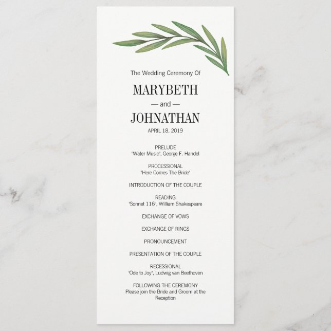 Watercolor Greenery Leaves Wedding Program Card (Front)