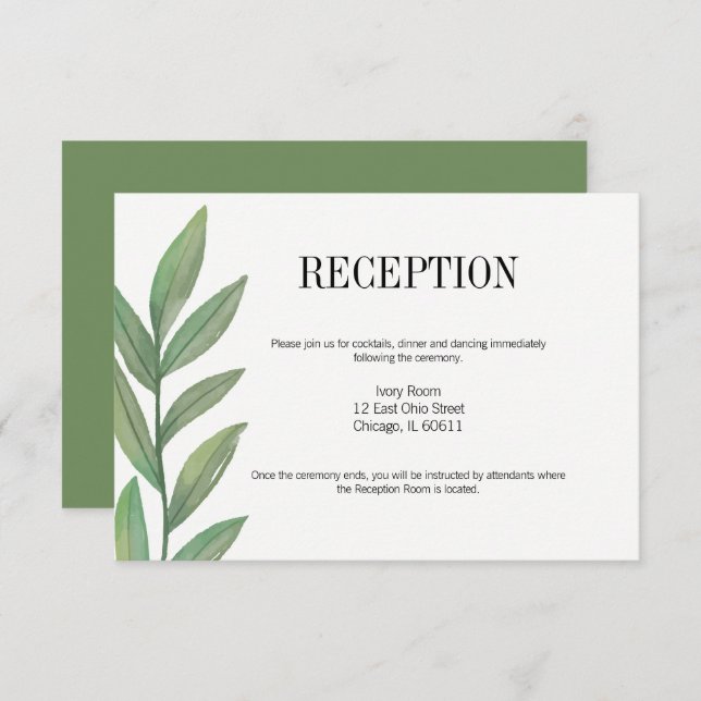 Watercolor Greenery Leaves Wedding Reception Card (Front/Back)