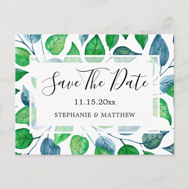 Watercolor Greenery Leaves Wedding Save The Date Announcement Postcard (Front)