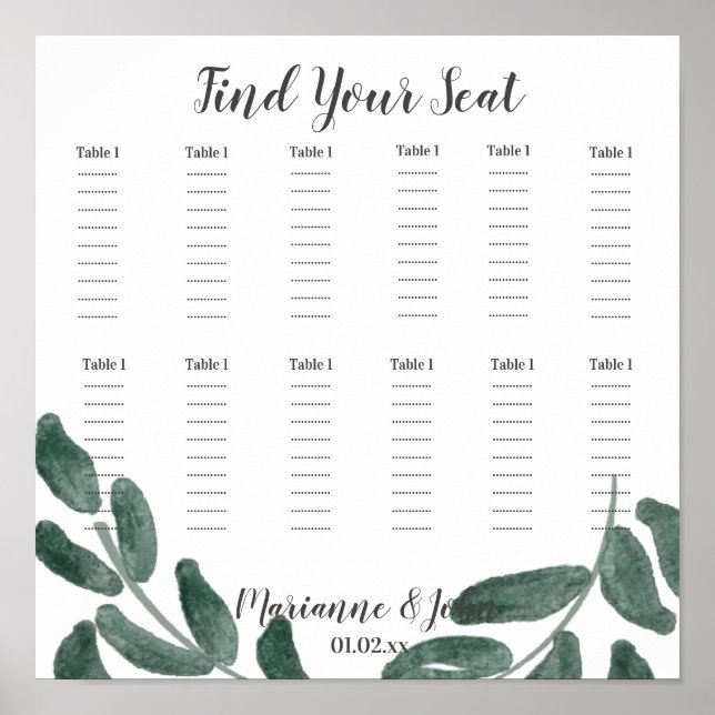 Watercolor Greenery Leaves Wedding Seating Chart (Front)