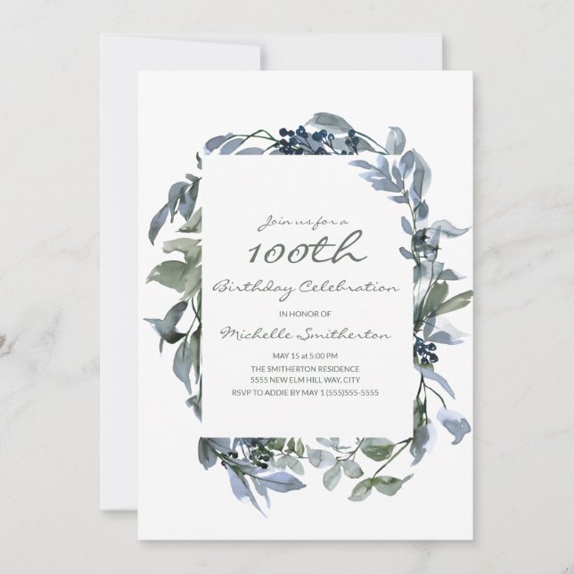 Watercolor Greenery Leaves Women's 100th Birthday Invitation (Front)
