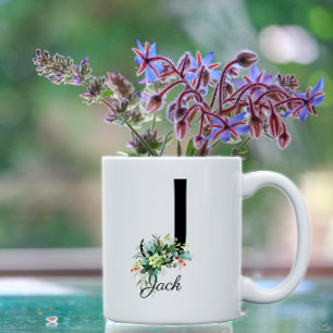 Watercolor greenery letter monogram coffee mug