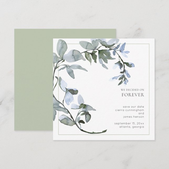 Watercolor Greenery Light Blue Floral  Save The Date (Front/Back)