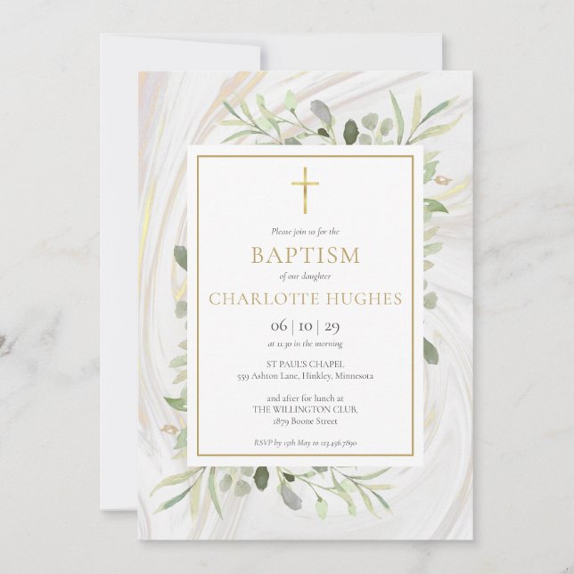 Watercolor Greenery Marble Baptism Christening Invitation (Front)