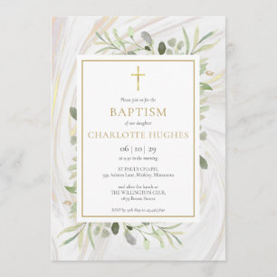 Watercolor Greenery Marble Baptism Christening Invitation