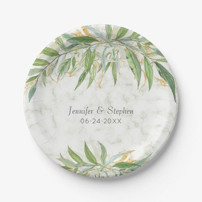 Watercolor Greenery Marble Elegant Wedding Paper Plate (Front)