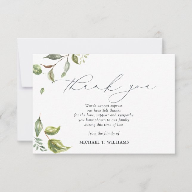 Watercolor Greenery Memorial Photo Thank You Card (Front)
