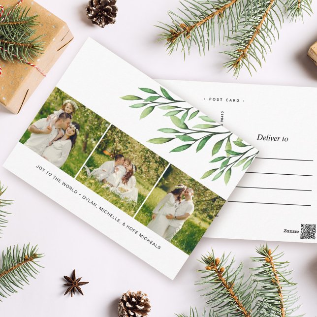 Watercolor Greenery Modern 3 Photo Holiday Postcard (Creator Uploaded)