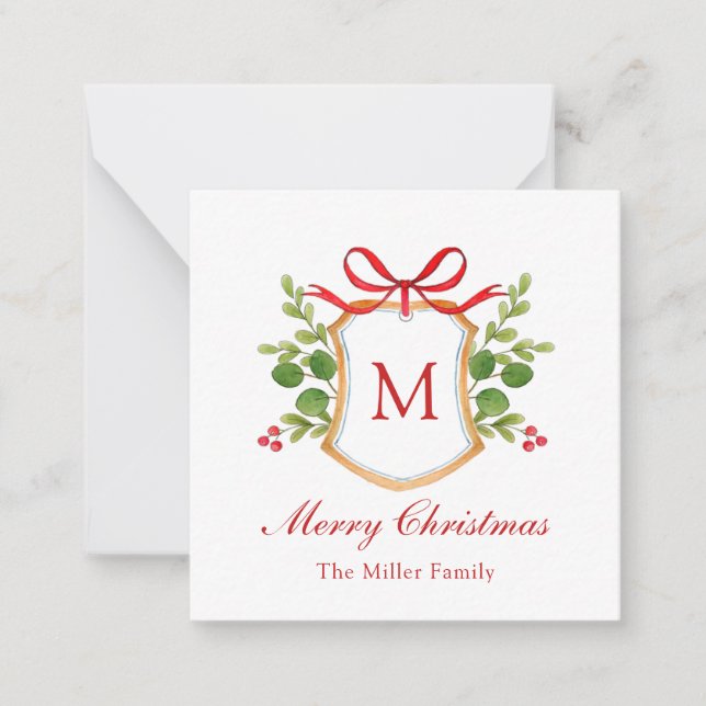 Watercolor Greenery Monogram crest Christmas Card (Front)