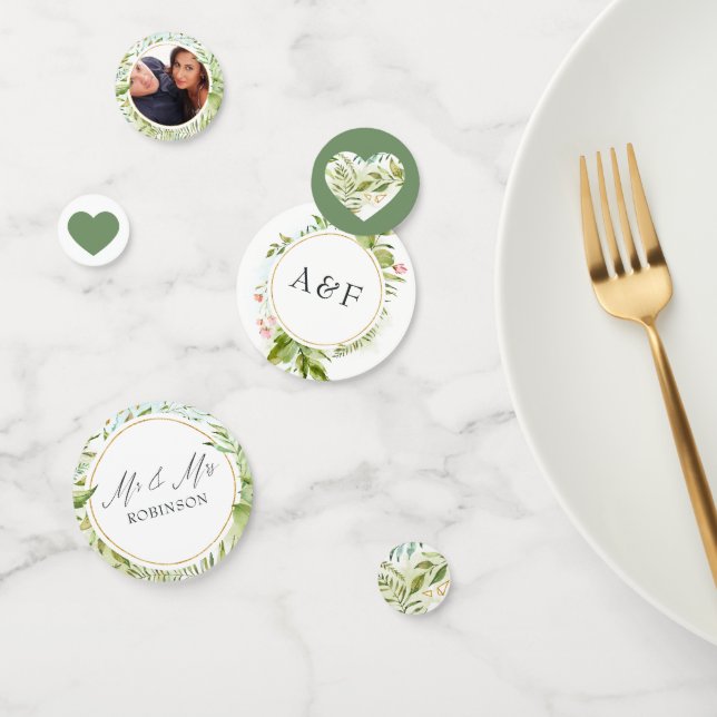 Watercolor Greenery Monogram Photo Wedding Confetti (Group)