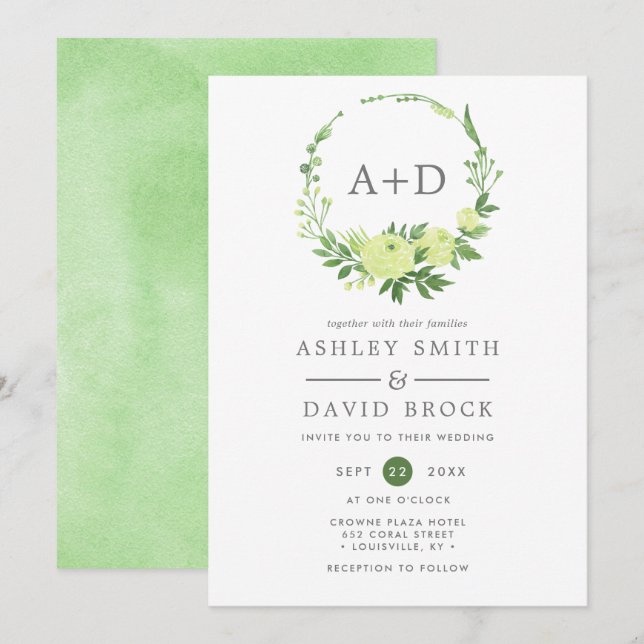 Watercolor Greenery Monogram Wreath Wedding Invitation (Front/Back)