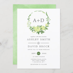 Watercolor Greenery Monogram Wreath Wedding Invitation