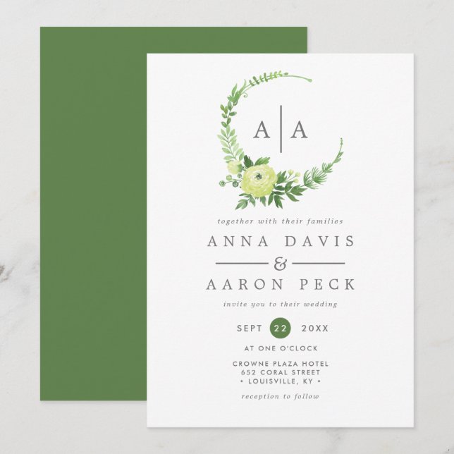 Watercolor Greenery Monogram Wreath Wedding Invitation (Front/Back)