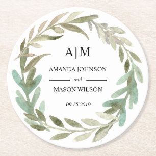 Watercolor Greenery Monogrammed Wedding Coaster