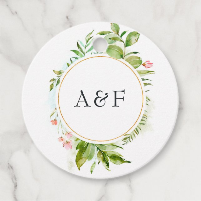 Watercolor Greenery Monogrammed Wedding Favour Tags (Front)