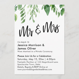 Watercolor Greenery Mr & Mrs Post-Wedding Party Invitation