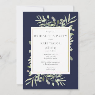 Watercolor Greenery Navy Blue Bridal Tea Party Invitation