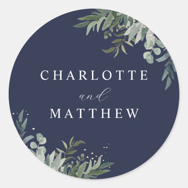 Watercolor Greenery | Navy Wedding Envelope Seal (Front)
