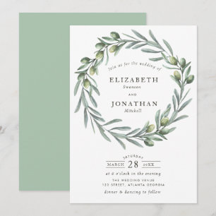 Watercolor greenery olive wreath wedding invitation