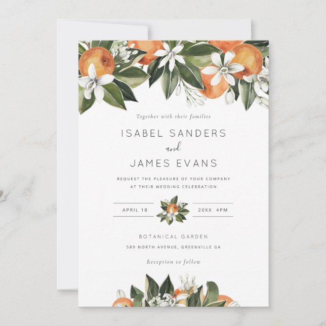 Watercolor Greenery Orange Blossom Modern Wedding Invitation (Front)