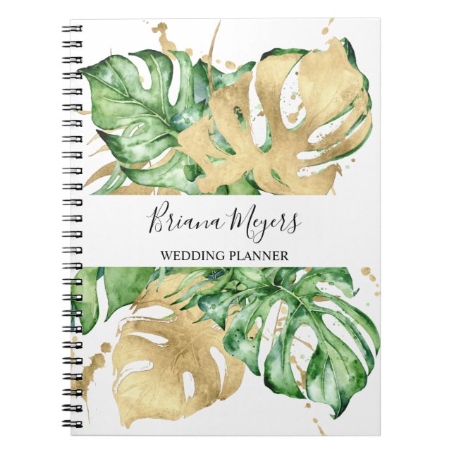 Watercolor Greenery Palm Leaves Gold Business Notebook (Front)