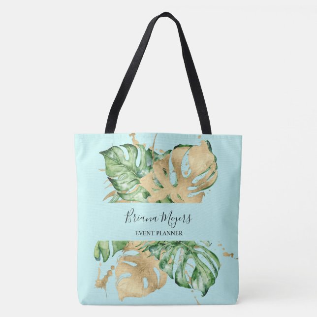 Watercolor Greenery Palm Leaves Gold Teal Tropical Tote Bag (Front)