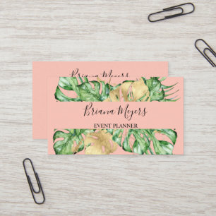 Watercolor Greenery Palm Leaves Gold Tropic Peach Business Card