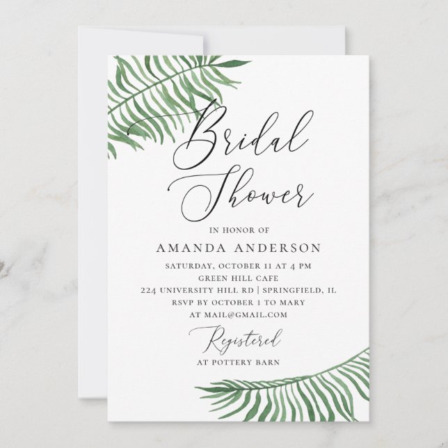 Watercolor greenery palm. Tropical bridal shower Invitation (Front)
