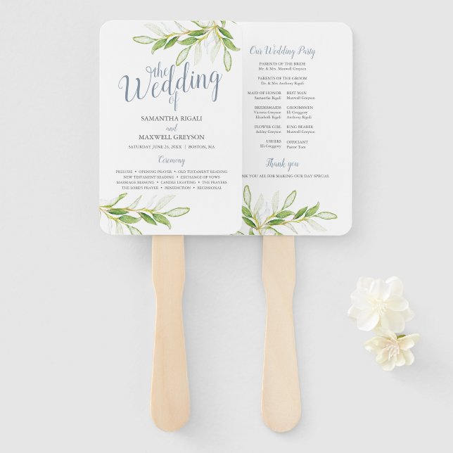 Watercolor Greenery Paper Wedding Fan (Front and Back)