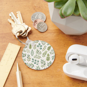 Watercolor Greenery Pattern Botanical Leaves Key Ring