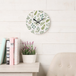 Watercolor Greenery Pattern Botanical Leaves Large Clock