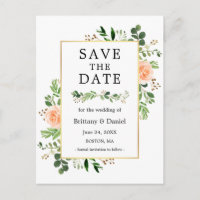 Watercolor Greenery Peach Floral Save The Date