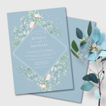 Watercolor Greenery Peach Roses Dusty Blue Wedding