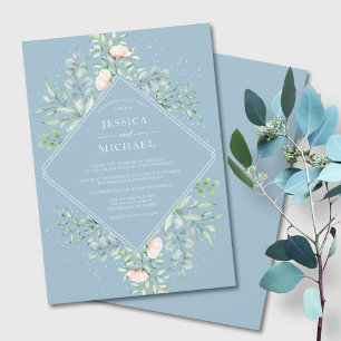 Watercolor Greenery Peach Roses Dusty Blue Wedding Invitation