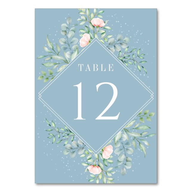 Watercolor Greenery Peach Roses Dusty Blue Wedding Table Number (Front)