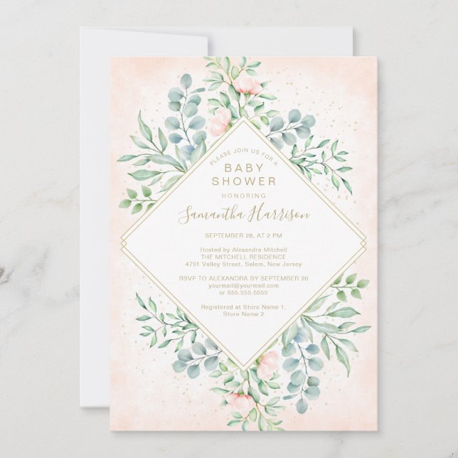Watercolor Greenery Peach Roses Floral Baby Shower Invitation (Front)