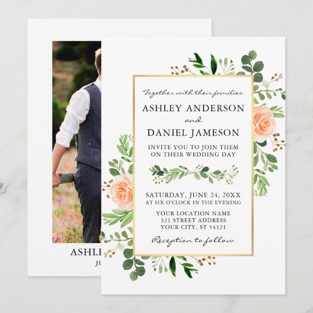 Watercolor Greenery Peach Roses Photo Wedding Invitation (Front/Back)
