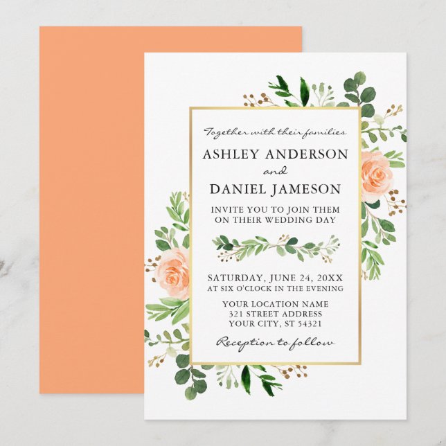 Watercolor Greenery Peach Roses Wedding Invitation (Front/Back)